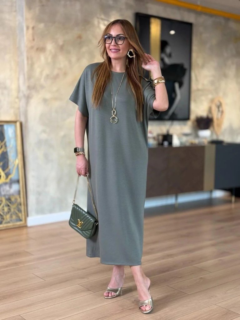Kadın Kısa Kollu Bisiklet Yaka Omuzdan Düğmeli Uzun Viskon Iki Iplik Elbise