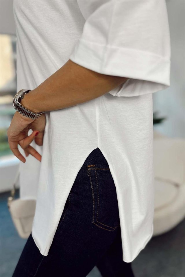Yırtmaçlı Oversize Tişört - Beyaz