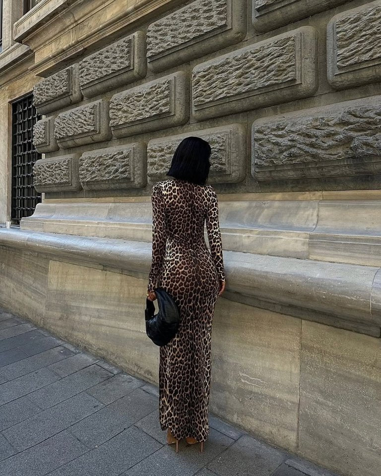 Kadın Uzun Kollu Balıkçı Yaka Gull Likralı Leopar Desen Maxi Boy Elbise