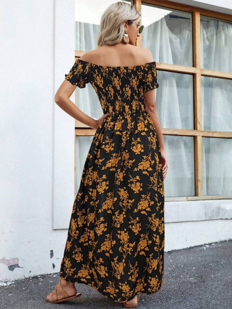 Kadın Kısa Kollu Madonna Yaka Yırtmaçlı çiçek Desenli Süprem Elbise