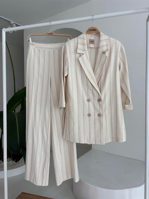 Blazer Ceketli Çizgili Keten Takım 10186