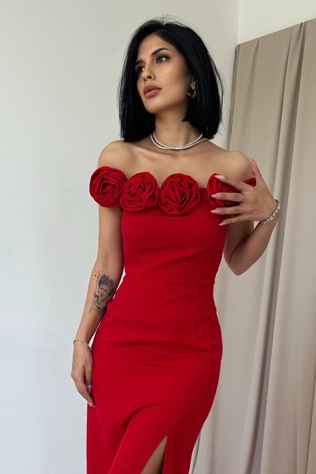 Kırmızı Madonna Yaka Güllü Elbise