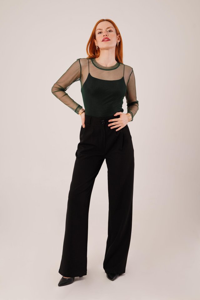 Transparan Yeşil Tül Basic Bluz