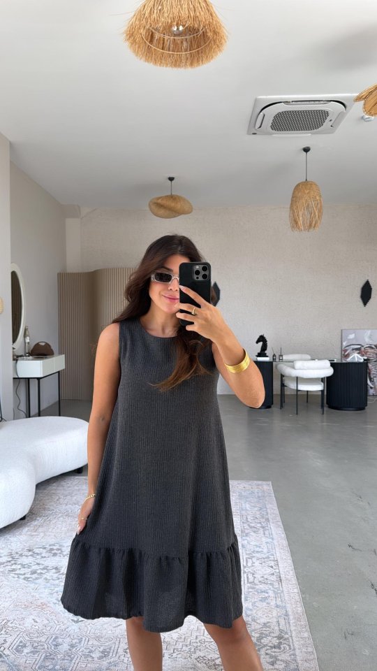 Kadın Bisiklet Yaka Eteği Volanlı Bürümcük Elbise