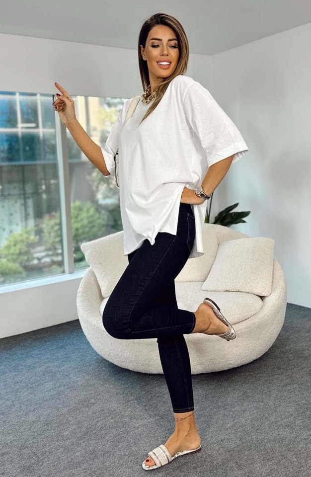 Yırtmaçlı Oversize Tişört - Beyaz