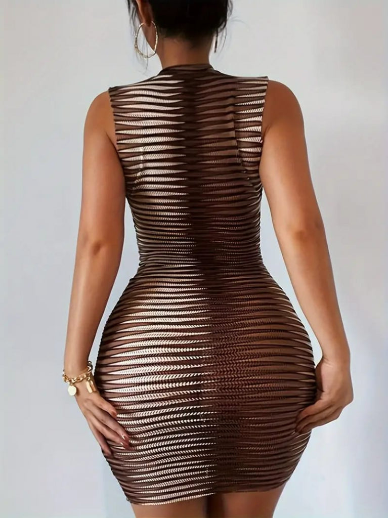 Kadın Sıfır Kol Desenli Mini Bodycon Dalgıç Elbise