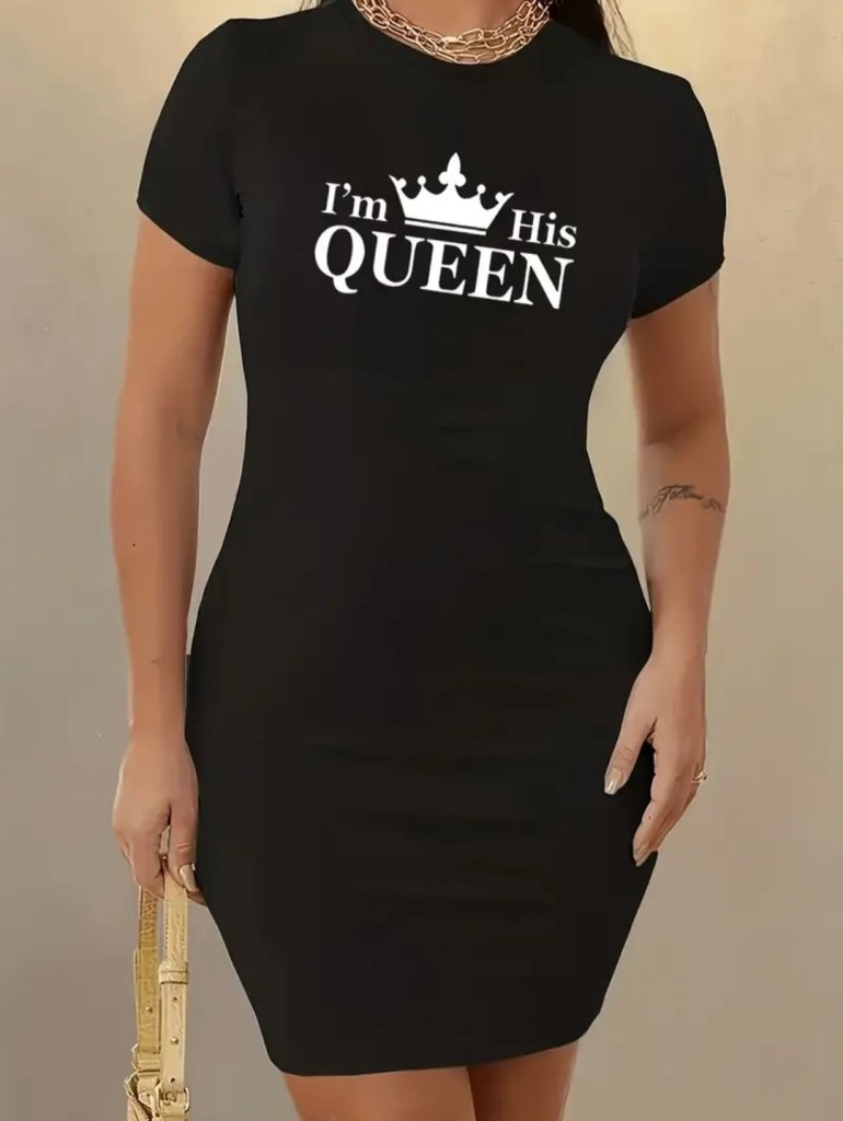 Kadın Kısa Kollu Queen Baskı Iki Iplik Mini Elbise