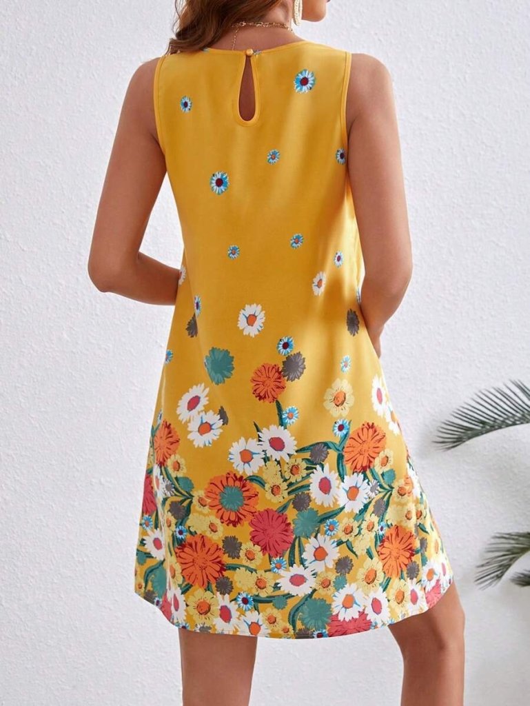 Kadın Sıfır Kollu Bisiklet Yaka çiçek Desenli Süprem Mini Elbise