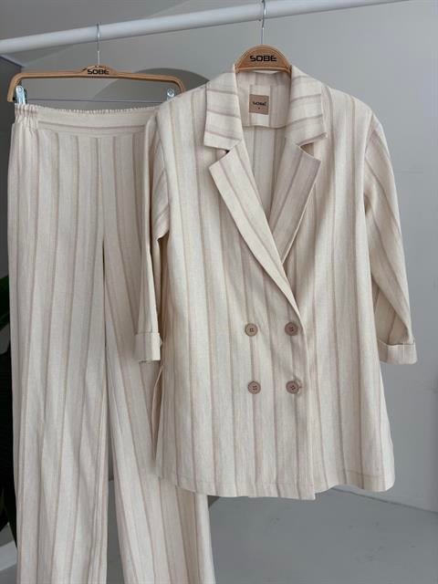 Blazer Ceketli Çizgili Keten Takım 10186