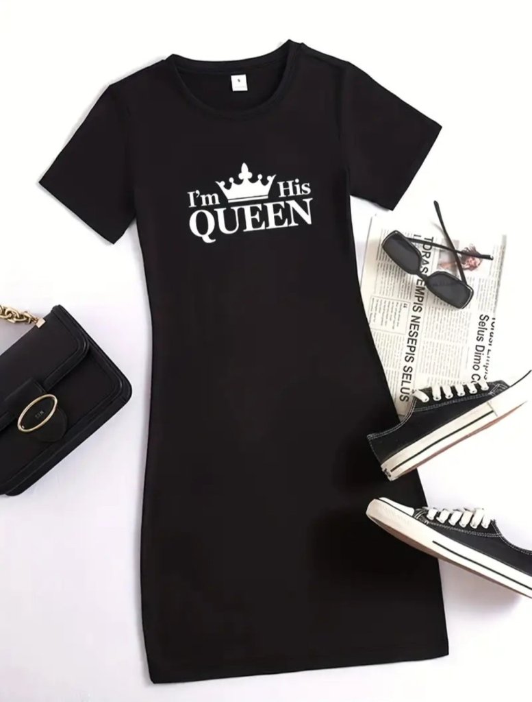 Kadın Kısa Kollu Queen Baskı Iki Iplik Mini Elbise
