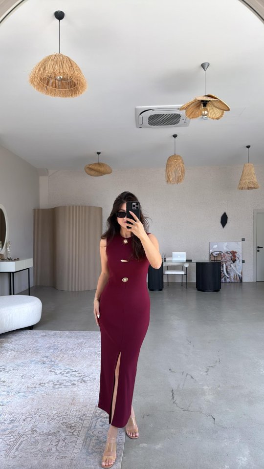 Kadın Bisiklet Yaka Broş Detay Yırtmaçlı Maxi Boy Ottoman Elbise
