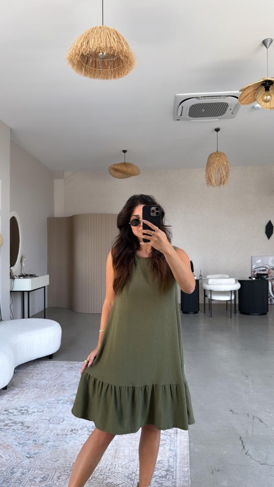 Kadın Bisiklet Yaka Eteği Volanlı Bürümcük Elbise