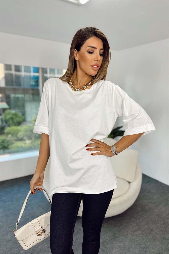Yırtmaçlı Oversize Tişört - Beyaz