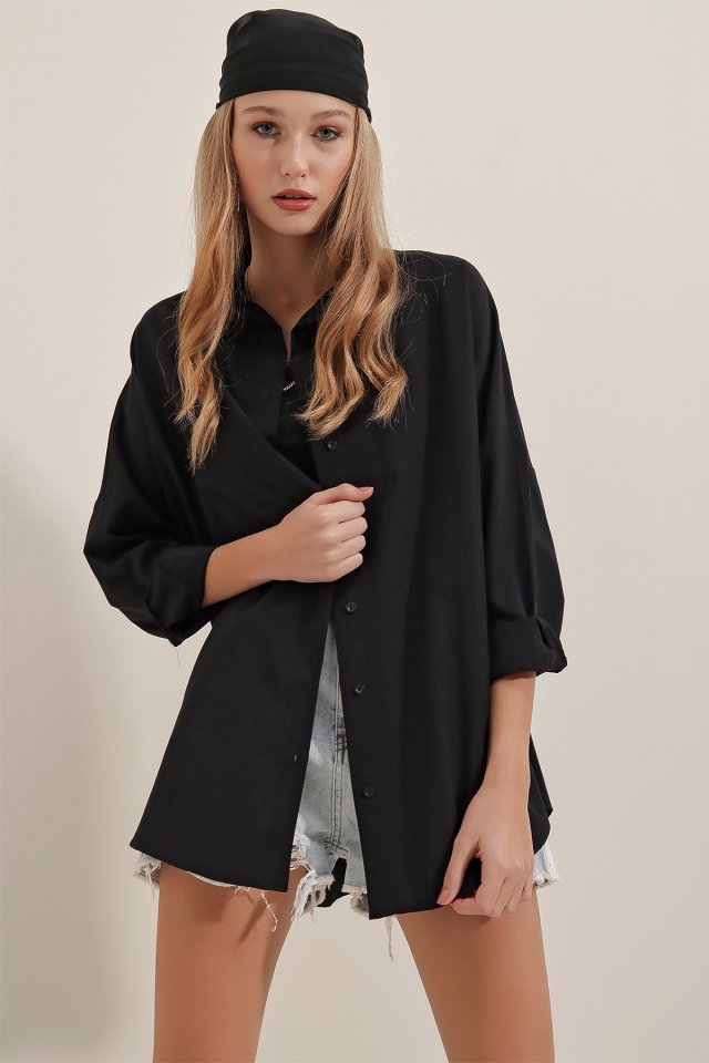 Oversize Uzun Basic Gömlek - Siyah