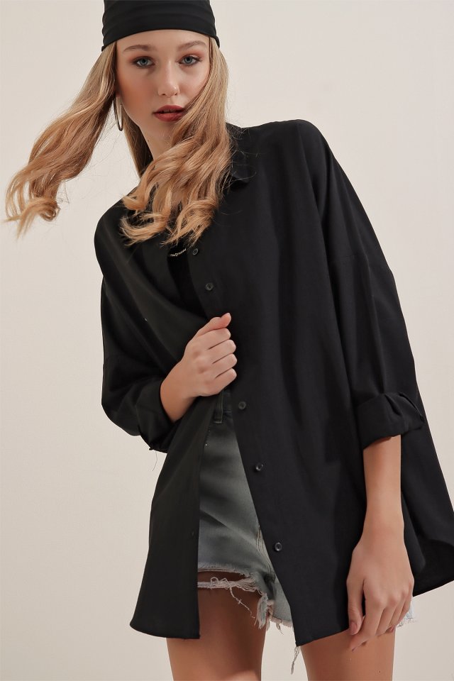 Oversize Uzun Basic Gömlek - Siyah