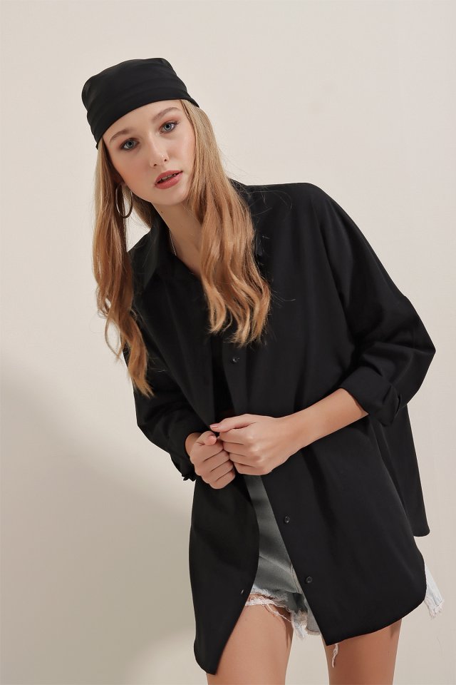 Oversize Uzun Basic Gömlek - Siyah