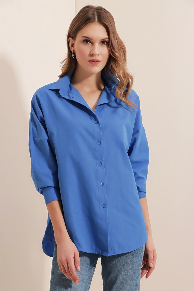 Oversize Uzun Basic Gömlek - B.Mavi