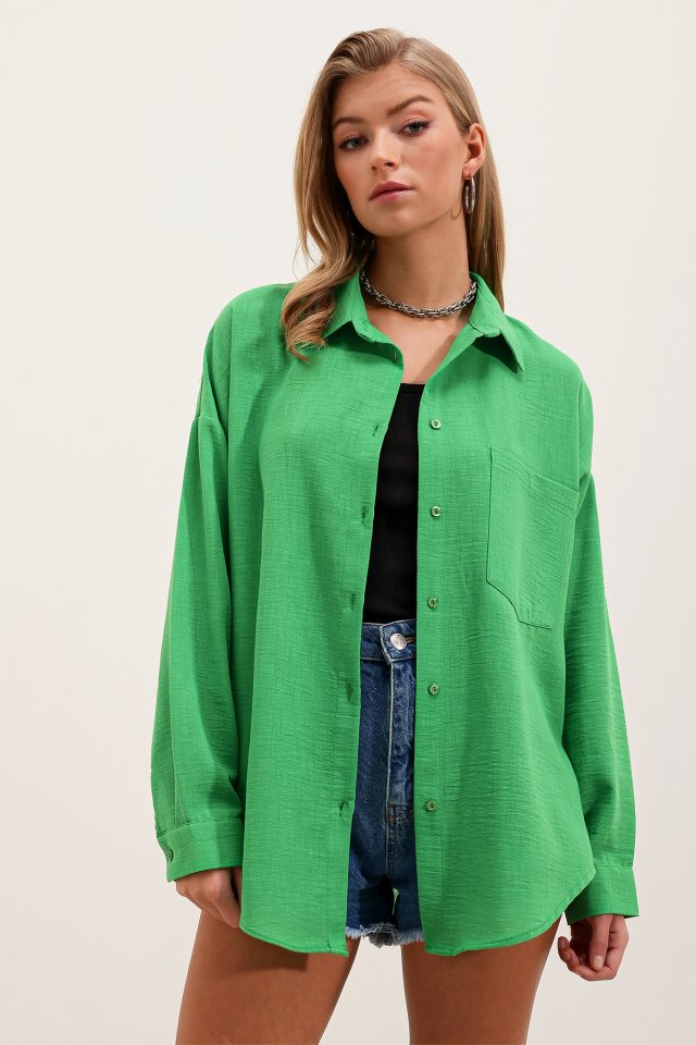 Tek Cepli Oversize Gömlek - Yeşil