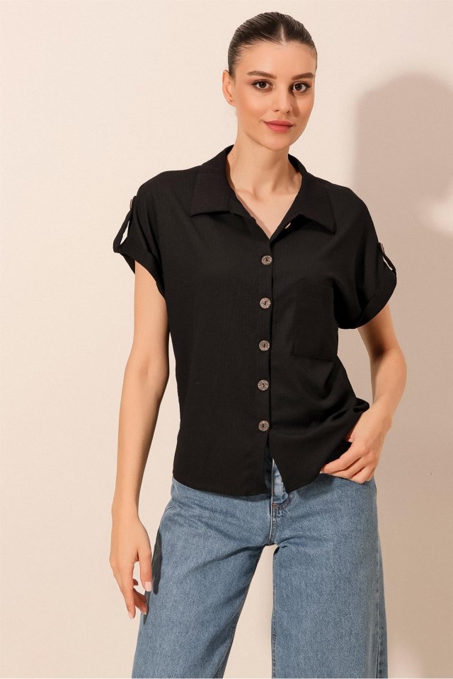 Kısa Kol Oversize Örme Gömlek - Siyah