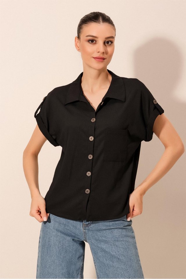 Kısa Kol Oversize Örme Gömlek - Siyah