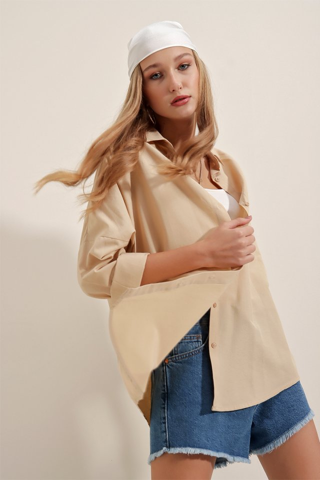 Oversize Uzun Basic Gömlek - Bej