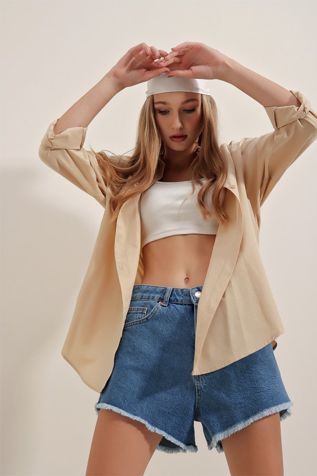 Oversize Uzun Basic Gömlek - Bej