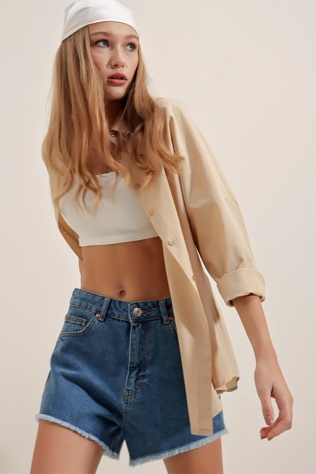Oversize Uzun Basic Gömlek - Bej
