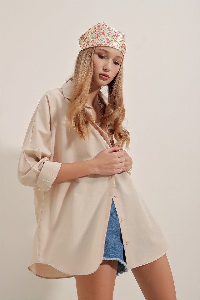 Oversize Uzun Basic Gömlek - Krem
