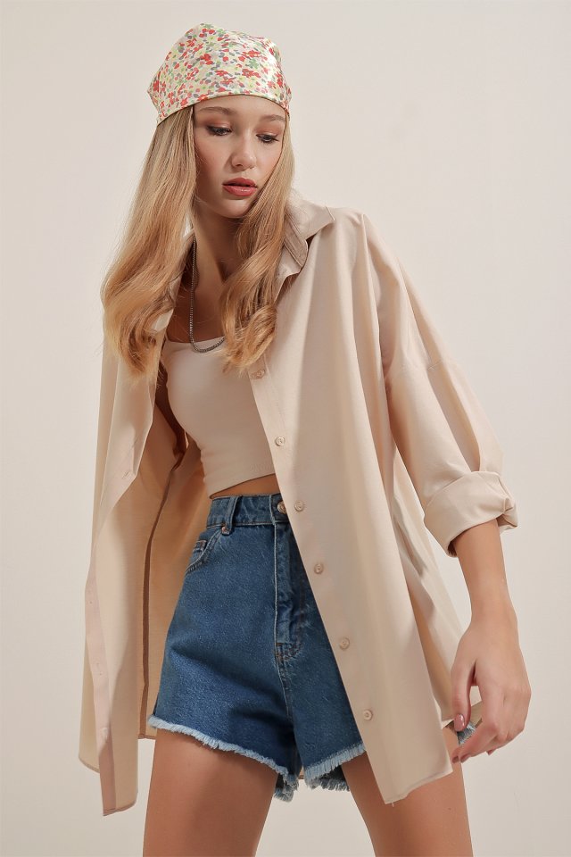 Oversize Uzun Basic Gömlek - Krem