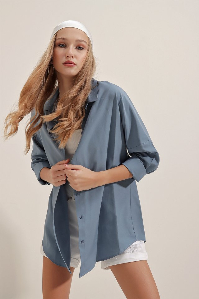 Oversize Uzun Basic Gömlek - İndigo