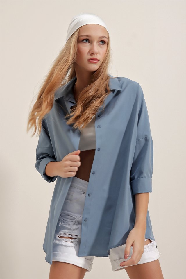 Oversize Uzun Basic Gömlek - İndigo