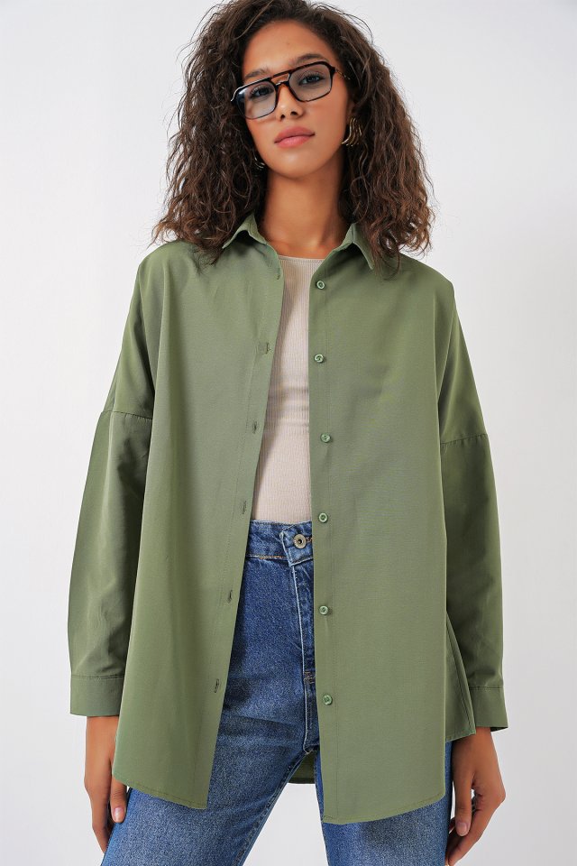 Oversize Uzun Basic Gömlek - A.Haki