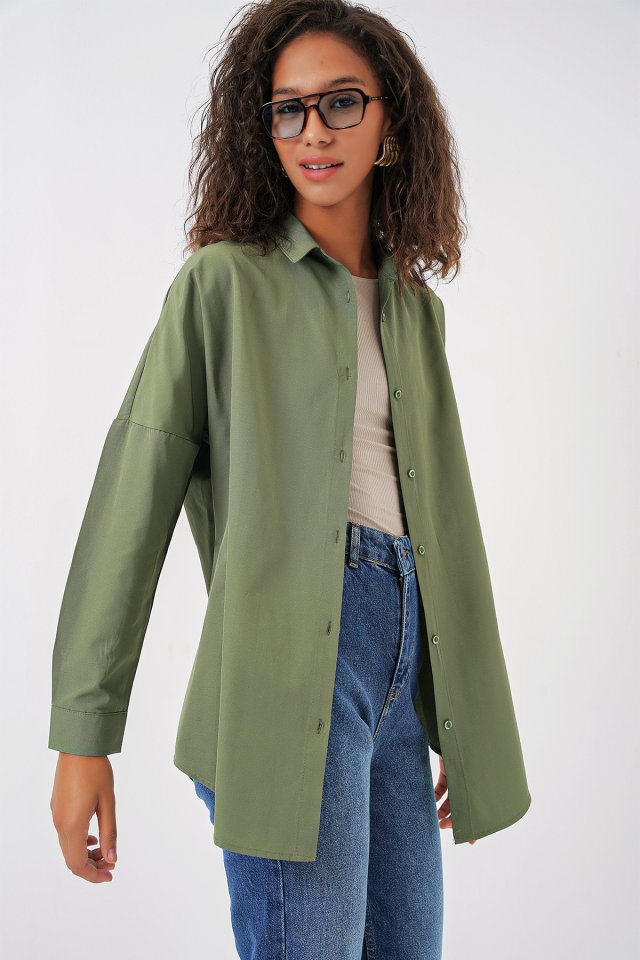 Oversize Uzun Basic Gömlek - A.Haki