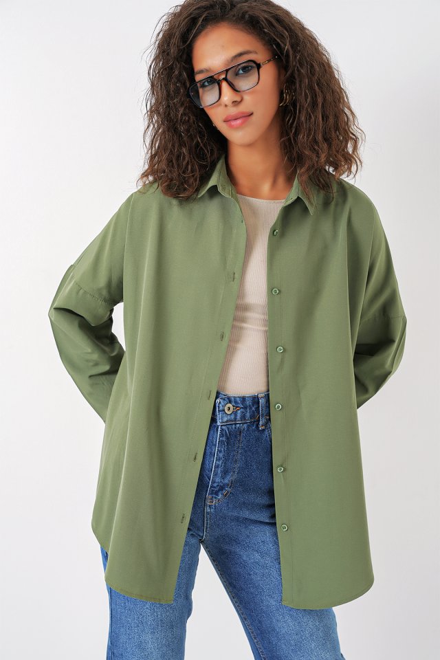 Oversize Uzun Basic Gömlek - A.Haki