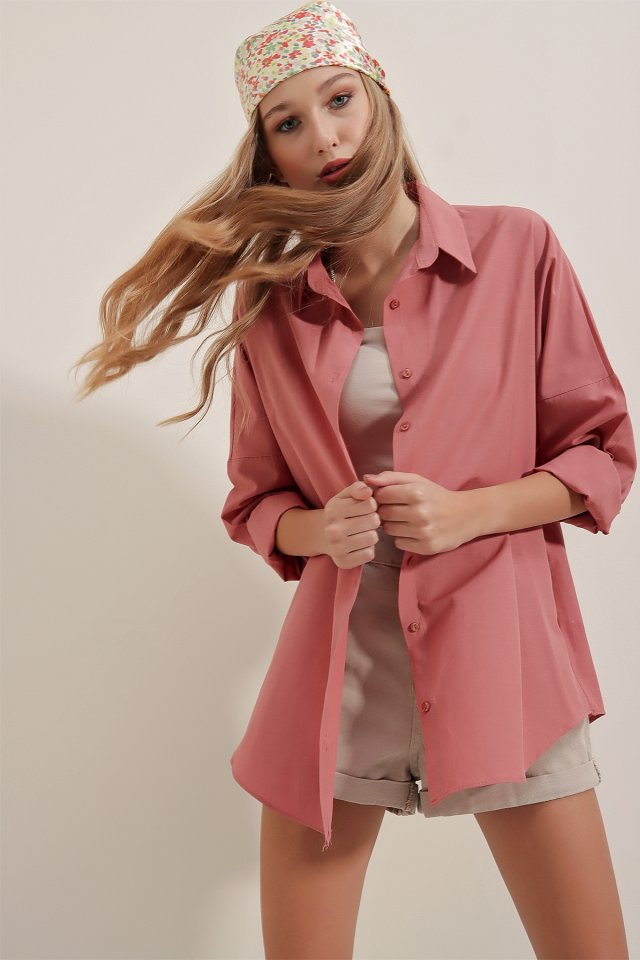 Oversize Uzun Basic Gömlek - Gül Kurusu
