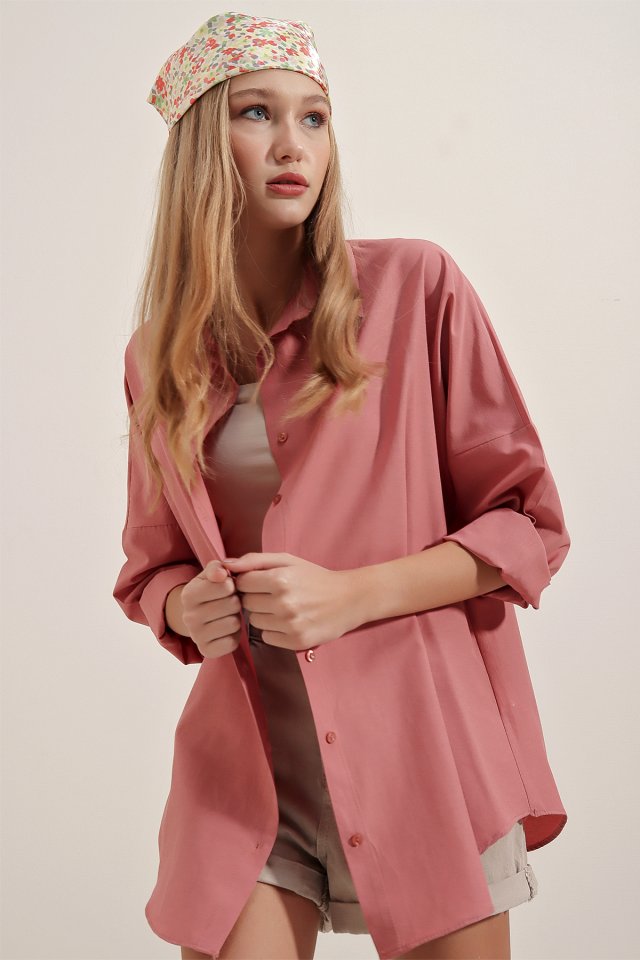 Oversize Uzun Basic Gömlek - Gül Kurusu