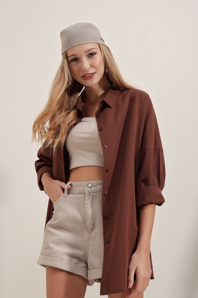 Oversize Uzun Basic Gömlek - Kahverengi