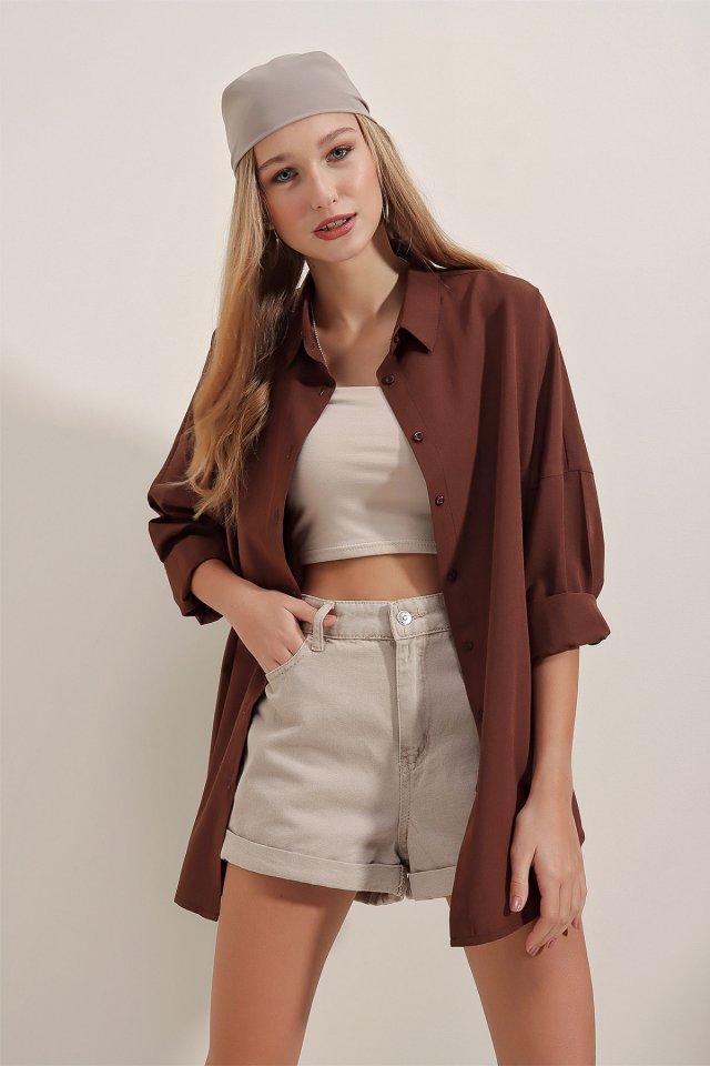 Oversize Uzun Basic Gömlek - Kahverengi