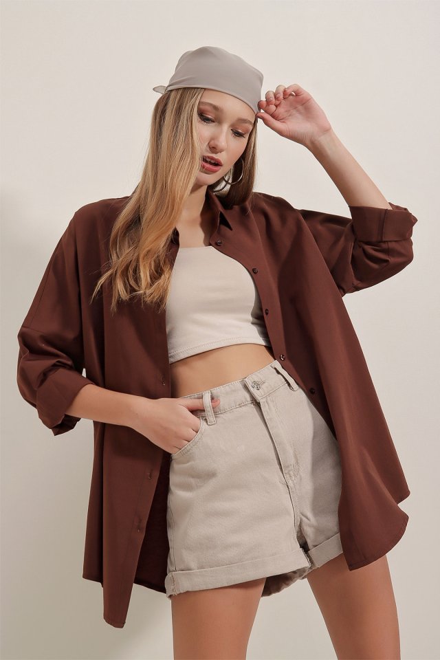 Oversize Uzun Basic Gömlek - Kahverengi