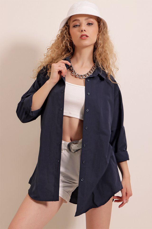 Oversize Uzun Basic Gömlek - Lacivert