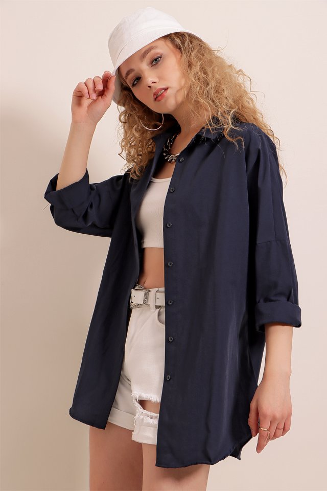 Oversize Uzun Basic Gömlek - Lacivert