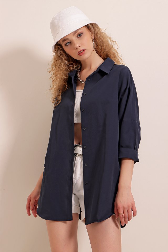 Oversize Uzun Basic Gömlek - Lacivert