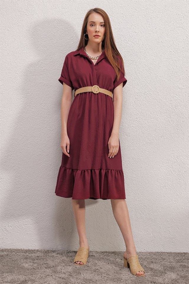Kemerli Elbise - Bordo
