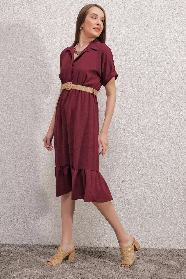 Kemerli Elbise - Bordo