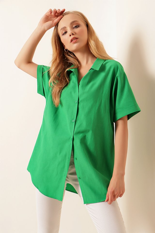 Oversize Kısa Kollu Gömlek - Yeşil