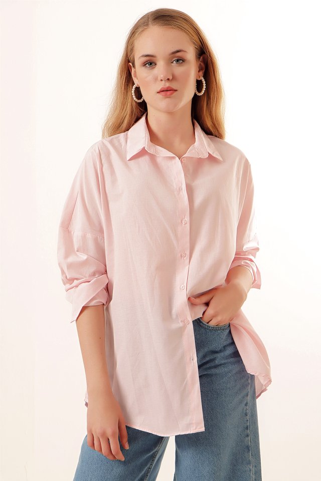 Oversize Uzun Basic Gömlek - Pudra