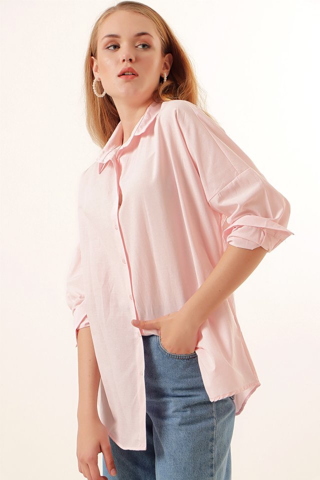 Oversize Uzun Basic Gömlek - Pudra