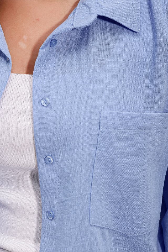 Tek Cepli Oversize Keten Gömlek - Mavi