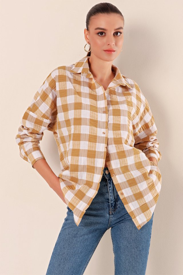 Oversize Uzun Basic Gömlek - Vizon