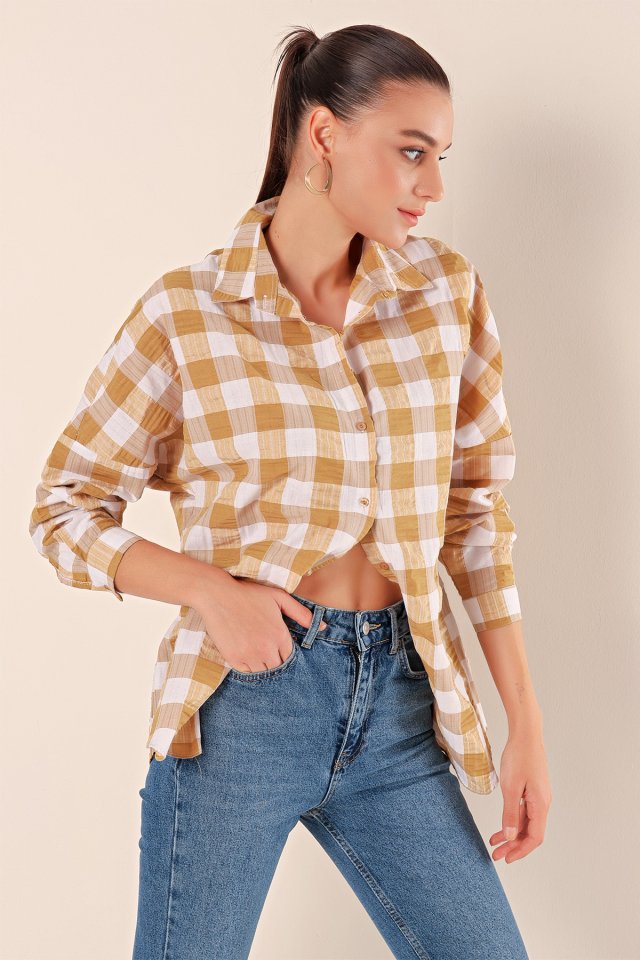 Oversize Uzun Basic Gömlek - Vizon